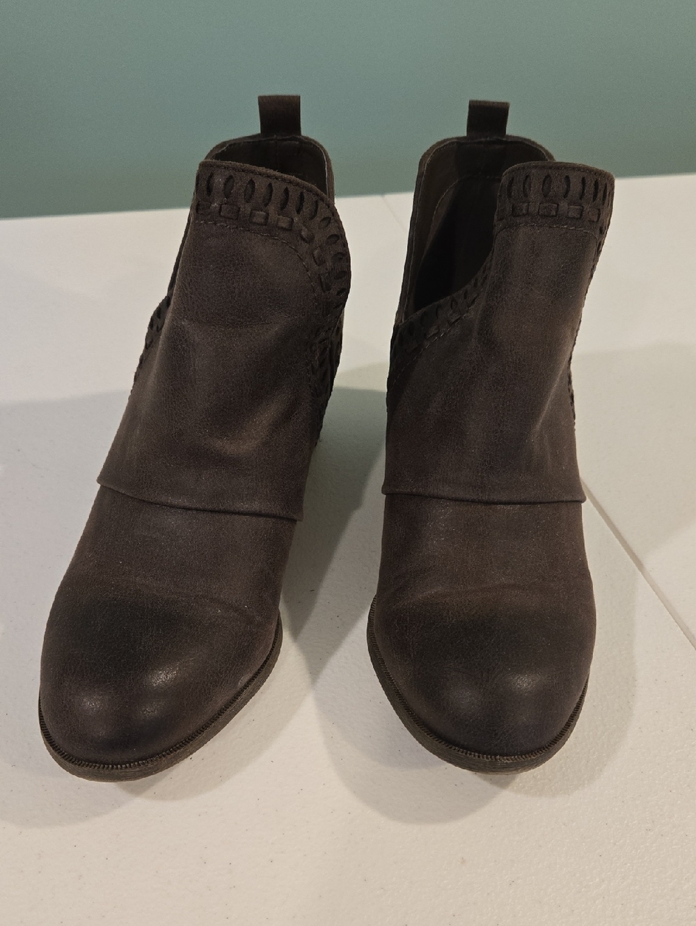 Rock & Candy Dark Brown Suede Ankle Booties with Woven Trim
